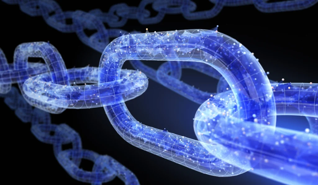 abstract blue chain links on black background resembling backlinks